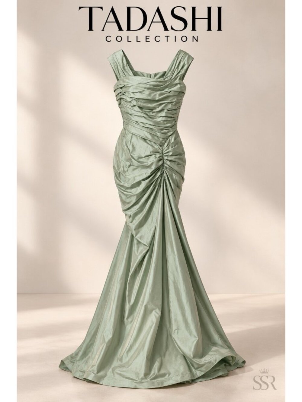 Tadashi Collection Silk Ruched Mermaid Gown Green Size 6 NWT Formal Evening